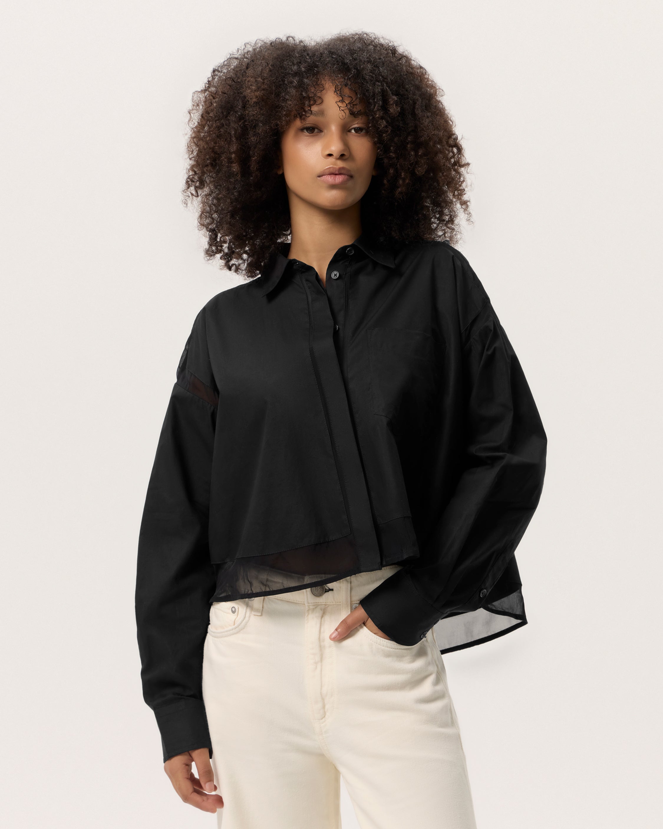 Beatrice Cropped Poplin-Organza Shirt Archive Black Lame Sheer 
