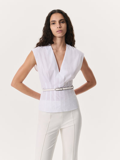 Rag & Bone White Ines V-Neck Cotton Poplin Top Close Up