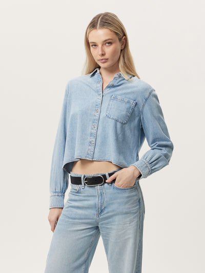 Rag & Bone Light Blue Ultra Featherweight Cropped Maxine Shirt Close Up