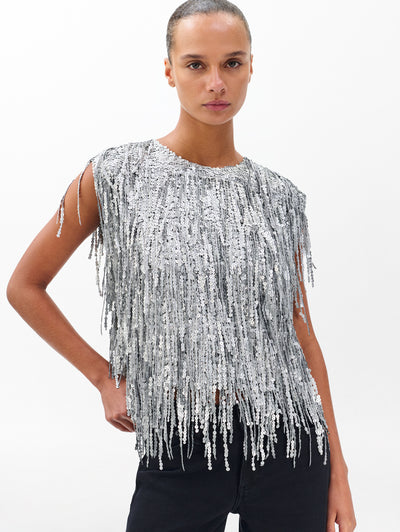 rag & bone women's Gunmetal Billie Sequined Tassel Top RA2E25FSMSE front view