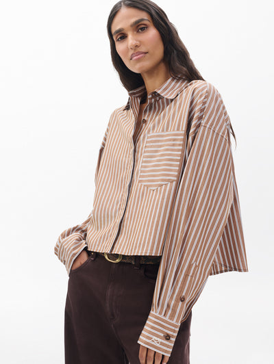 rag & bone women's Tobacco Stripe Marin Cropped Striped Shirt RA4W25HSMCN front view