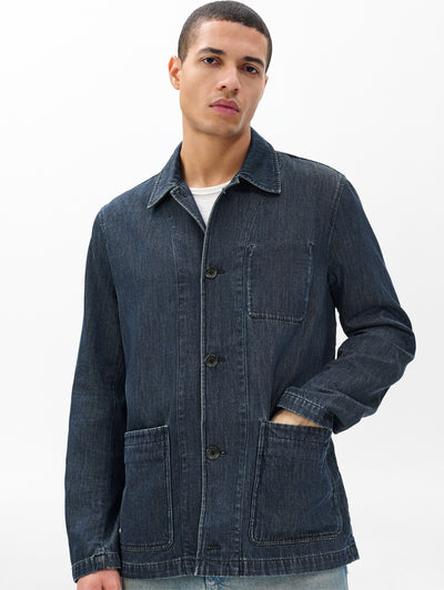 rag & bone men's Indigo Evan Denim Chore Jacket RV7425F0MCN front view