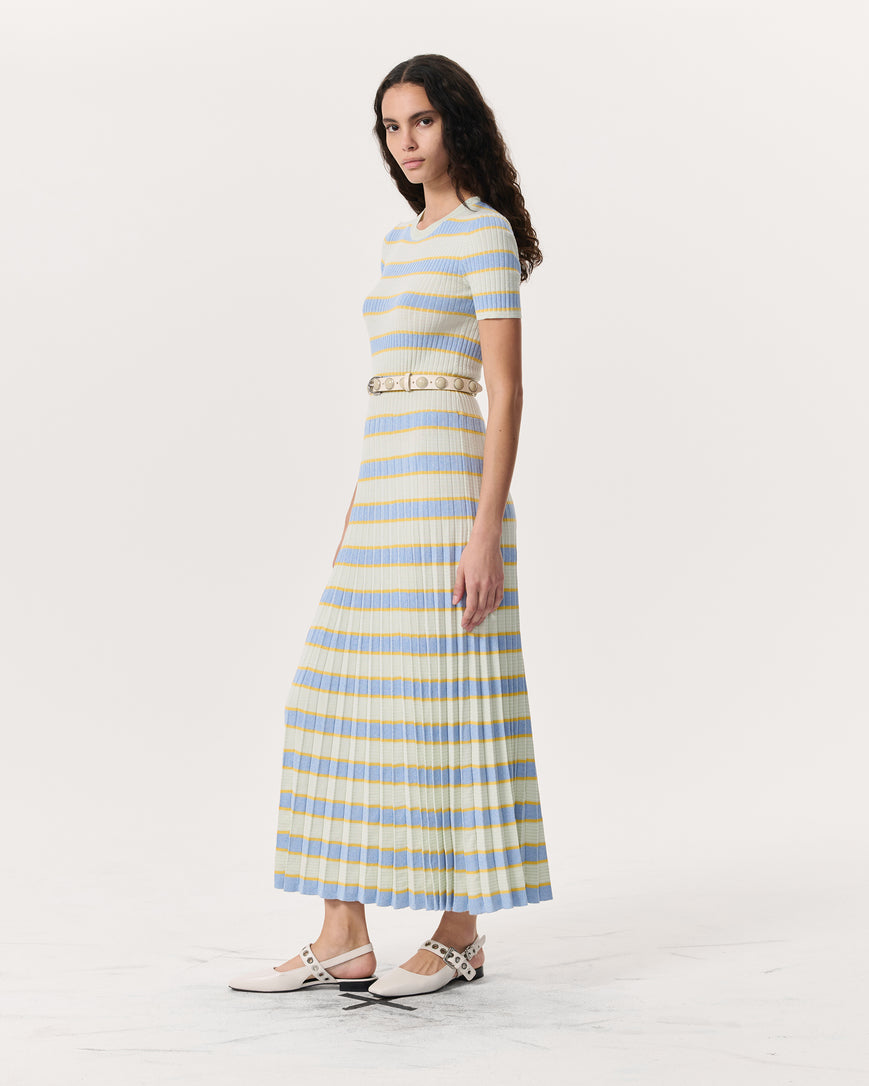 Eloise Striped Rib-Knit Pleated Midi Dress Eloise Striped Rib-Knit Pleated Midi Dress