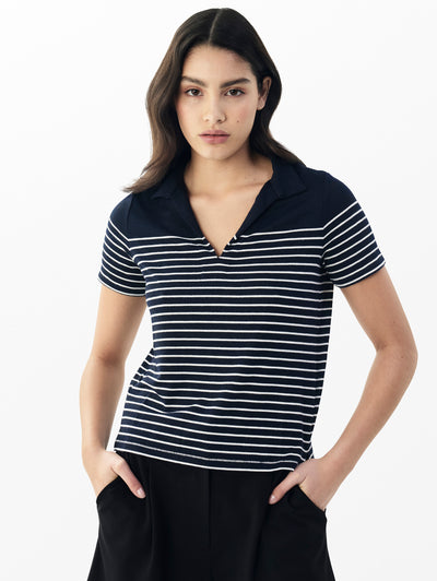 rag & bone women's Navy/Ivory The Knit Stripe Polo WCC25SP025G726 front view