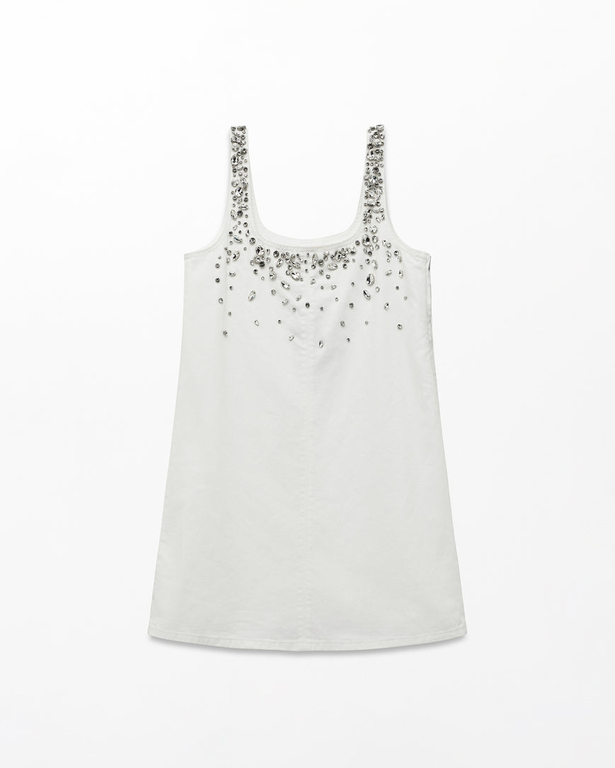 white denim dress with rhinestones White Denim Rhinestone Dress